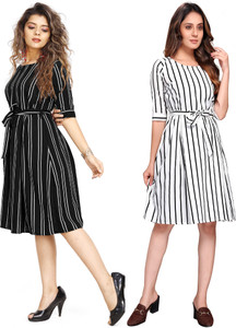 WOLISQ Women Fit and Flare White, Black Above Knee/Mid Thigh Length Dress