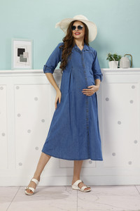 EASYMOM Women Fit and Flare Light Blue Midi/Calf Length Dress
