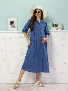 EASYMOM Women Fit and Flare Light Blue Midi/Calf Length Dress