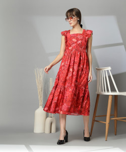 Wordope Women Tiered Red Midi/Calf Length Dress
