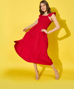 BuyNewTrend Women Ruffled Red Maxi/Full Length Dress