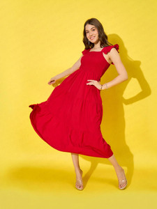 BuyNewTrend Women Ruffled Red Maxi/Full Length Dress