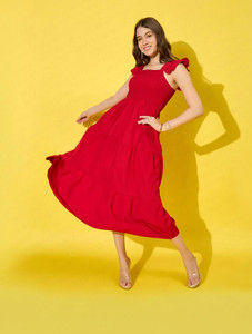BuyNewTrend Women Ruffled Red Maxi/Full Length Dress