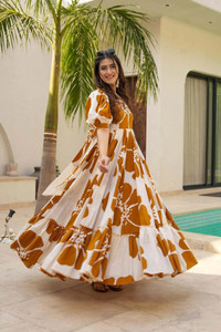 Seek By Sheetal Women Fit and Flare Brown, White Maxi/Full Length Dress