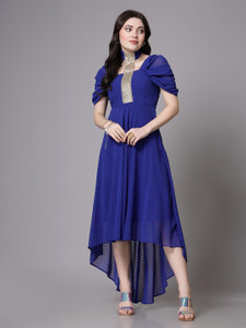 AAYU Women Asymmetric Dark Blue Ankle Length Dress