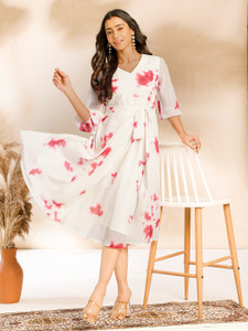 Janasya Women Fit and Flare Red, White Midi/Calf Length Dress