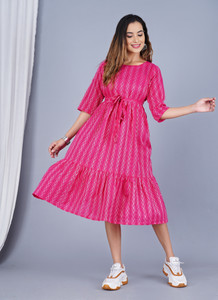 Kharoliya Women Fit and Flare Pink Midi/Calf Length Dress