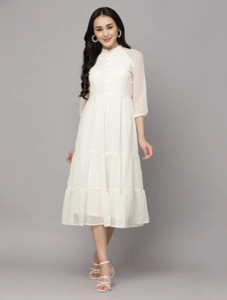 RC FASHION Women Fit and Flare White Midi/Calf Length Dress