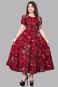 ZAYNFASHION Women A-line Maroon Ankle Length Dress