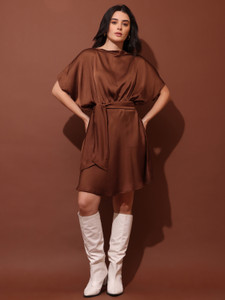 PURVAJA Women Fit and Flare Brown Mini/Short Dress