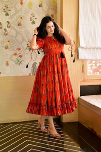 Clothmagnet Women Fit and Flare Orange, Brown Midi/Calf Length Dress