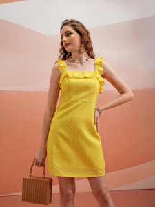 Tokyo Talkies Women Ruffled Yellow Above Knee/Mid Thigh Length Dress