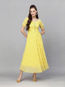 AAYU Women Fit and Flare Yellow Maxi/Full Length Dress