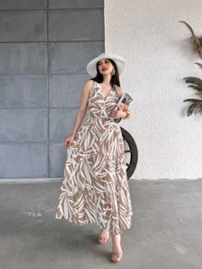 Fentox Exim Women Maxi White, Brown Full Length Dress