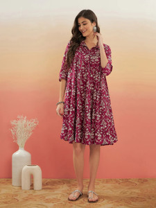 Demirner Women Fit and Flare Purple, Beige Knee Length Dress