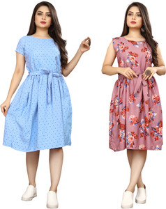 fashionwrld Women Fit and Flare Blue, Pink Knee Length Dress