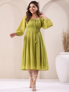 Janasya Women Fit and Flare Green Midi/Calf Length Dress