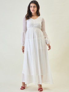 AAYU Women Fit and Flare White Maxi/Full Length Dress