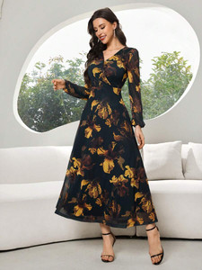 Nautiful Women A-line Black, Yellow Maxi/Full Length Dress