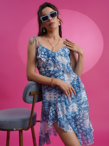 Youthnic Women High Low Blue Knee Length Dress