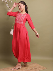 Vishudh Women Ethnic Dress Pink, White Midi/Calf Length Dress