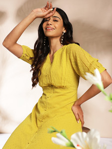 Janasya Women A-line Yellow Midi/Calf Length Dress