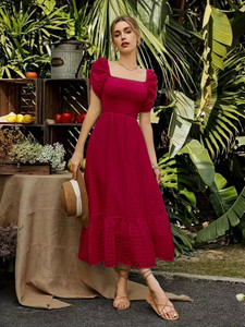 EMERYLA Women A-line Maroon Midi/Calf Length Dress