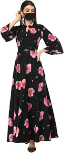 Rudraaksha Women Fit and Flare Black Maxi/Full Length Dress With Mask