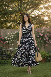 TRIBALOOK Women Maxi Black, White Full Length Dress