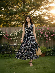 TRIBALOOK Women Maxi Black, White Full Length Dress