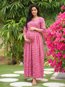 SweetMoms Women Fit and Flare Pink Ankle Length Dress