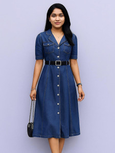 2013 USK COLLECTION Women Fit and Flare Blue Midi/Calf Length Dress