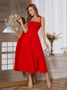 Aahwan Women Fit and Flare Red Midi/Calf Length Dress