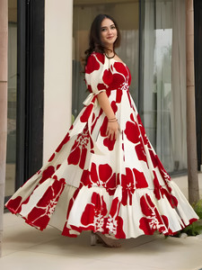 STROVA Women Maxi Red, White Full Length Dress
