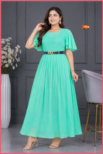 Primefashion Women Fit and Flare Green Maxi/Full Length Dress