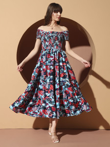 ZWERLON Women Fit and Flare Blue Midi/Calf Length Dress