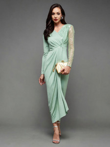 Miss Chase Women Pleated Green Maxi/Full Length Dress