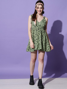Emeros Women Fit and Flare Light Green, Black Above Knee/Mid Thigh Length Dress