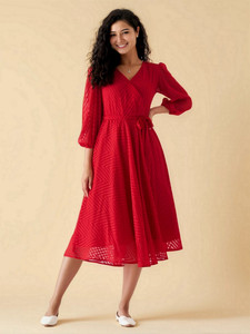 AASK Women Fit and Flare Red Below Knee Dress