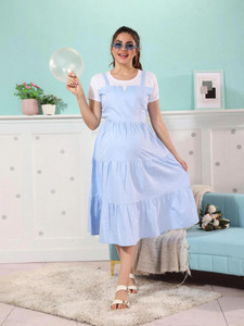 EASYMOM Women Fit and Flare Light Blue Midi/Calf Length Dress