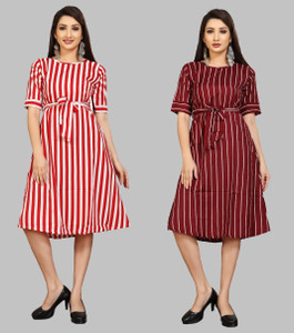 tanvi creation Women Fit and Flare Red, Maroon Knee Length Dress