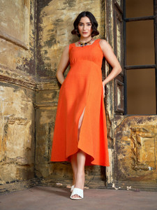 PURVAJA Women Fit and Flare Orange Midi/Calf Length Dress