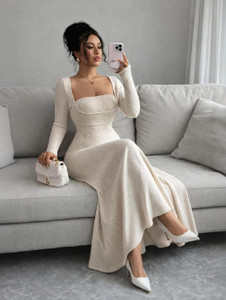 WANQUILA Women Fit and Flare Beige Maxi/Full Length Dress