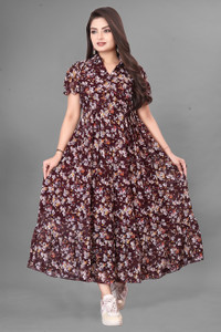 ANTRA Women Pleated Brown Maxi/Full Length Dress