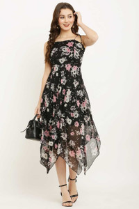 Mamnoon Women Asymmetric Black, Pink, Grey Midi/Calf Length Dress