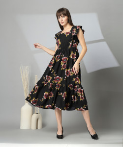 Wordope Women Tiered Black Midi/Calf Length Dress