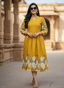 JANKHANA Women Fit and Flare Yellow Midi/Calf Length Dress