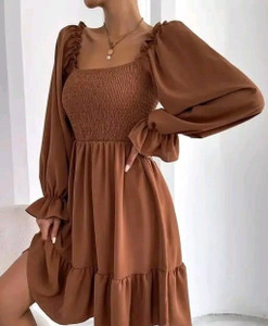 Talha Fashion Women A-line Brown Knee Length Dress