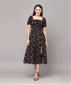 AAYU Women A-line Black, Pink Midi/Calf Length Dress