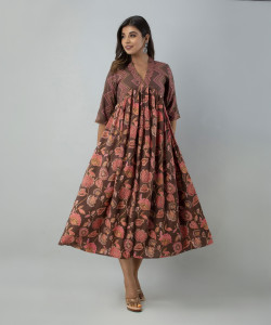 INDIANIC Women Fit and Flare Brown Midi/Calf Length Dress